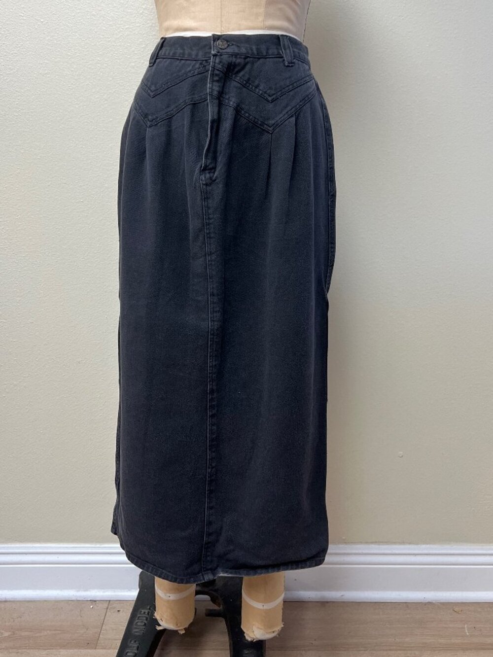 Vintage 90s Y2K Adobe Rose Faded Black Denim Maxi Skirt Size 13-14 Large